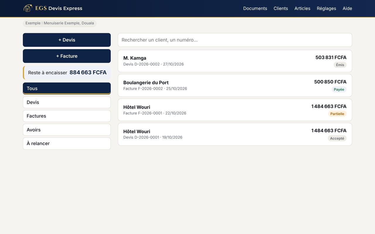 EGS Devis Express sur ordinateur : liste des devis et factures